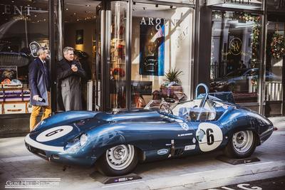 Jaguar E type Racing Le mans on a set of ALTairEGO tyre cuhions in front of Argenttimeless boutique 